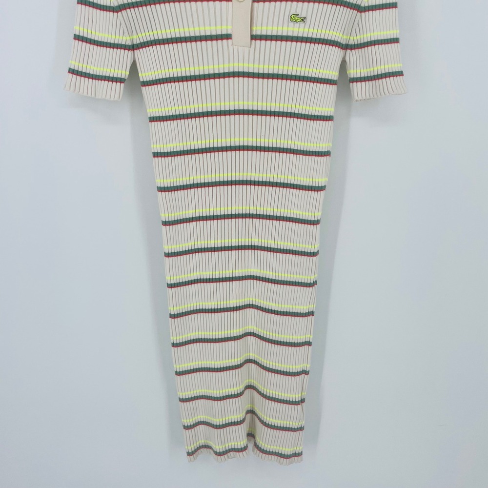 Lacoste Made in France Striped Ribbed Knit Polo Dress Cream Green Red Size 38 - Picture 3 of 13